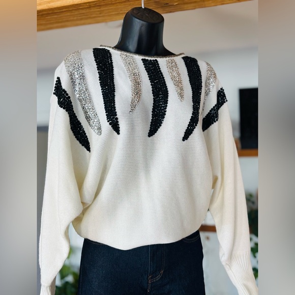Sequin Embellished Sweater – White Knit with Black & Silver Accents - Picture 4 of 12